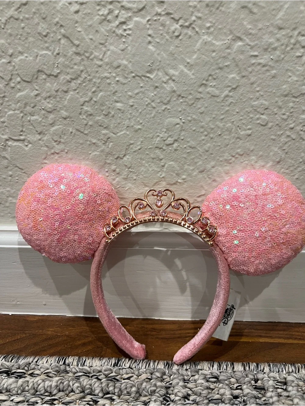 Disney Pink Sequin Minnie Ear Headband with Rose Gold Tiara